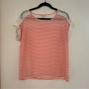 ✅Skies Are Blue small lace Striped Blouse top tshirt sheer short sleeve shirt